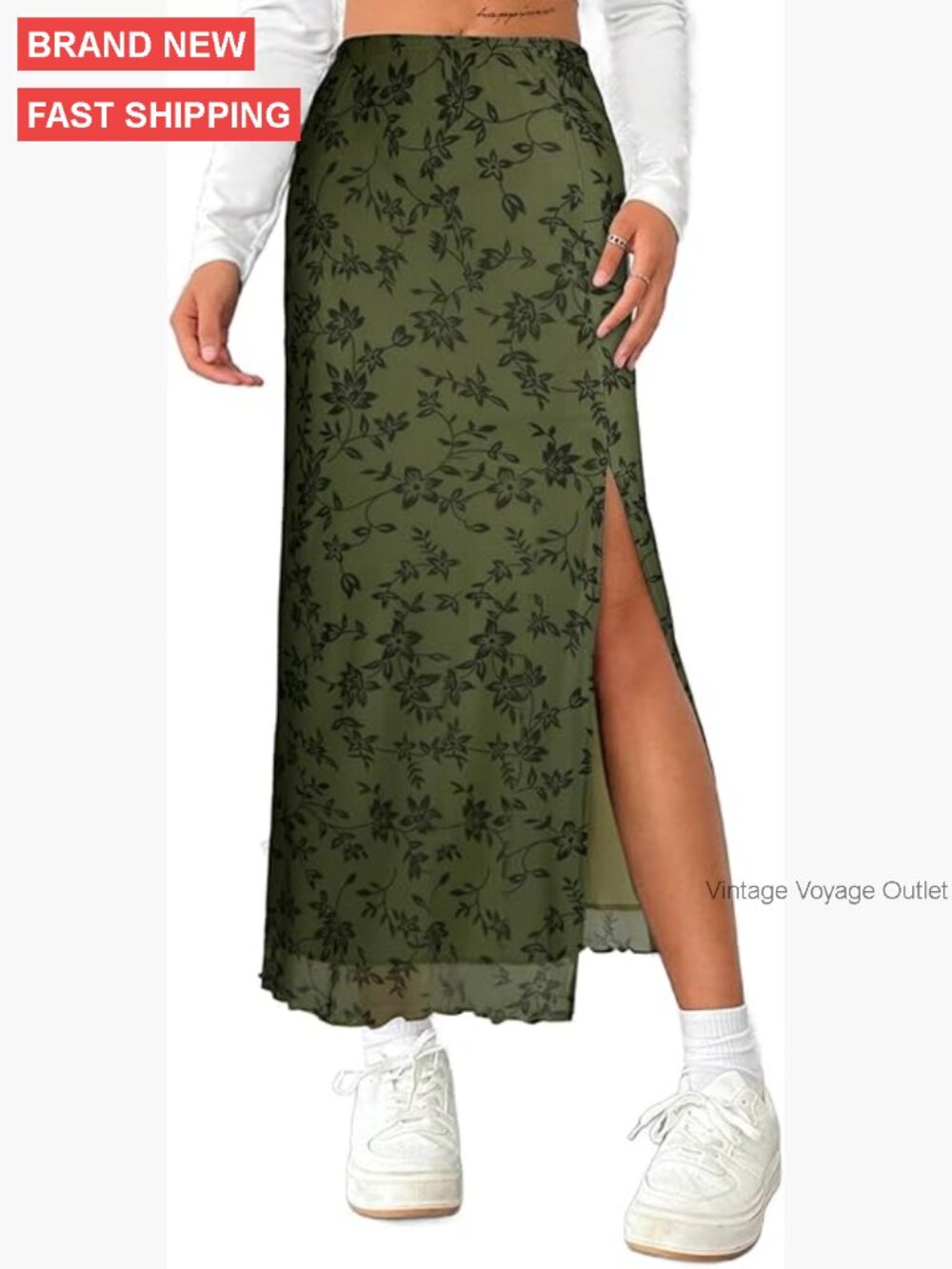 Maxi Skirt with Mesh Slit High Waisted Sexy Summer Long Skirt
